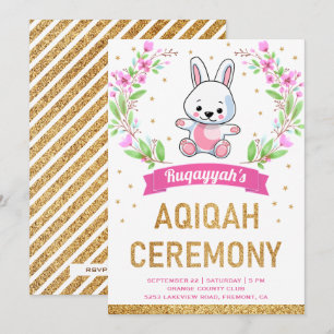 Cute Pink Floral Sweet Bunny Rabbit Aqiqah Invitation