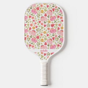 Cute Pink Floral Trendy Flowers Custom Name Pickleball Paddle