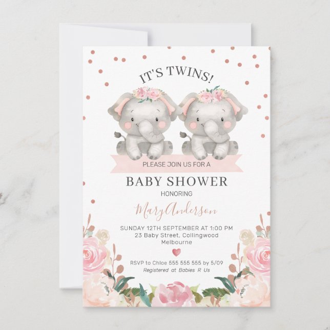 Cute Pink Floral Twin Girls Elephants Baby Shower Invitation (Front)