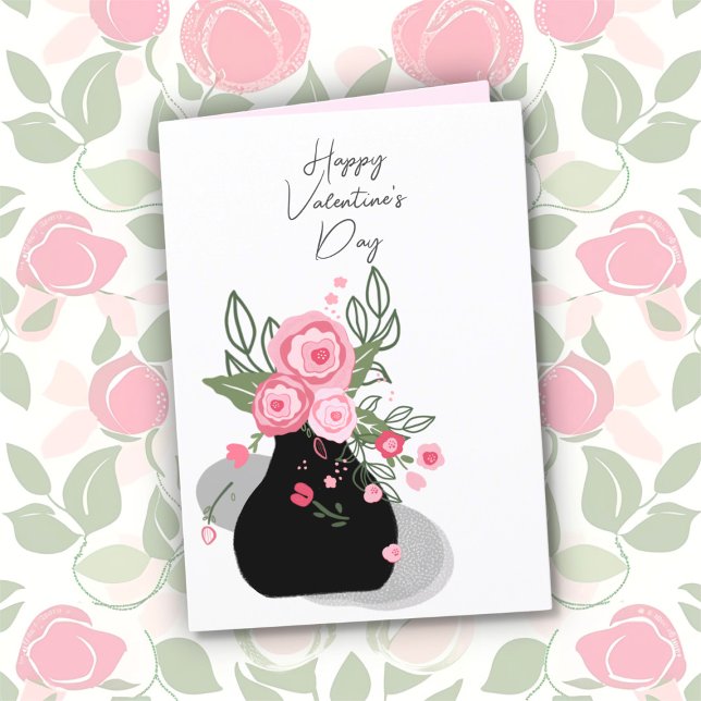 Cute Pink Floral Valentine's Day Card (Cute pink flowers in a black pot "Happy Valentine's Day" card)