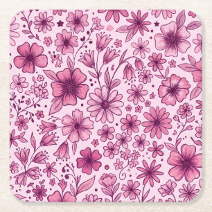Cute Pink Floral Wild Flowers Birthday Party Square Paper Coaster