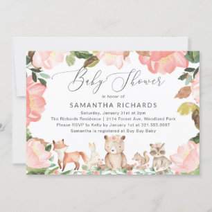 Cute Pink Floral Woodland Animals Girl Baby Shower Invitation
