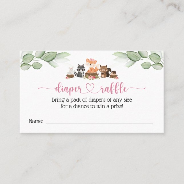 Cute Pink Floral Woodland Diaper Raffle Card (Front)
