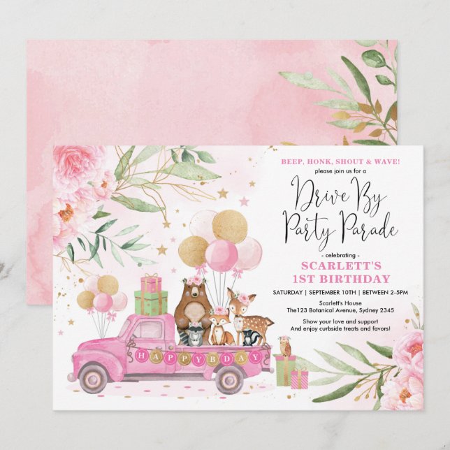 Cute Pink Floral Woodland Drive By Birthday Parade Invitation (Front/Back)