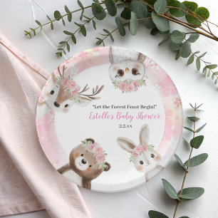 Cute Pink floral Woodland Girl Baby Shower   Paper Plate