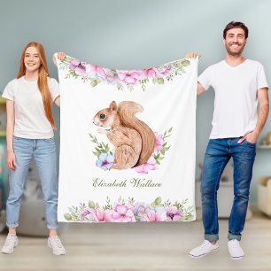 Cute Pink Floral Woodland Squirrel Fleece Blanket