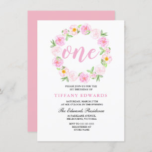 Cute Pink Floral Wreath 1st birthday Invitation