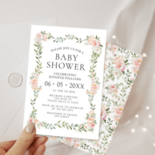 Cute pink floral wreath bohemian baby girl shower invitation