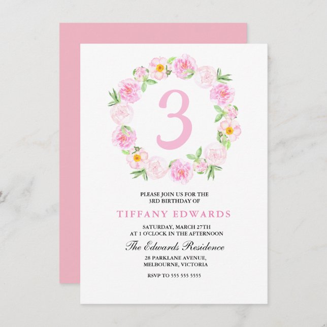 Cute Pink Floral Wreath Childrens Birthday Invite (Front/Back)