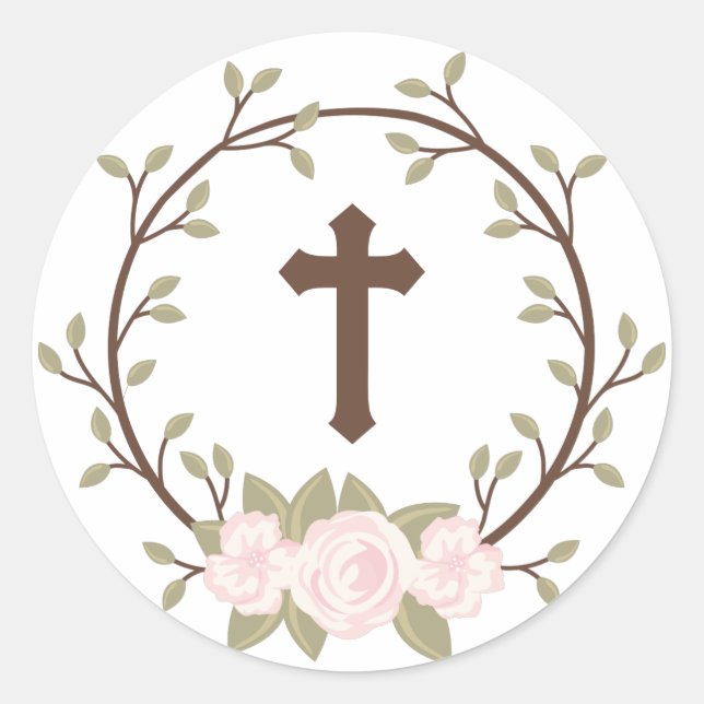 Cute Pink Floral Wreath Cross Baptism Christening Classic Round Sticker (Front)