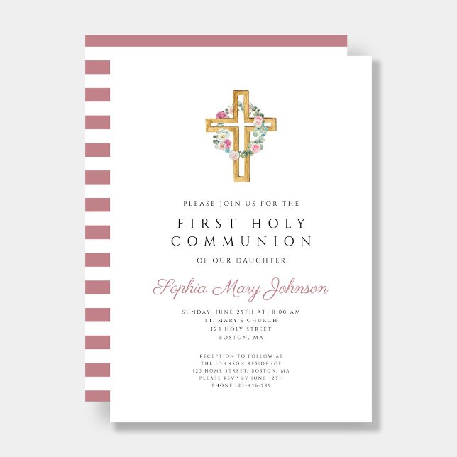 Cute Pink Floral Wreath Cross First Communion Invitation (Cute Pink Floral Wreath Cross First Communion Invitation)