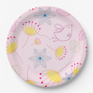 Cute pink flower and bird paper plate, plate