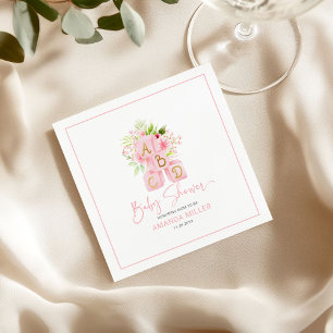 Cute pink flower-decorated alphabet blocks napkin