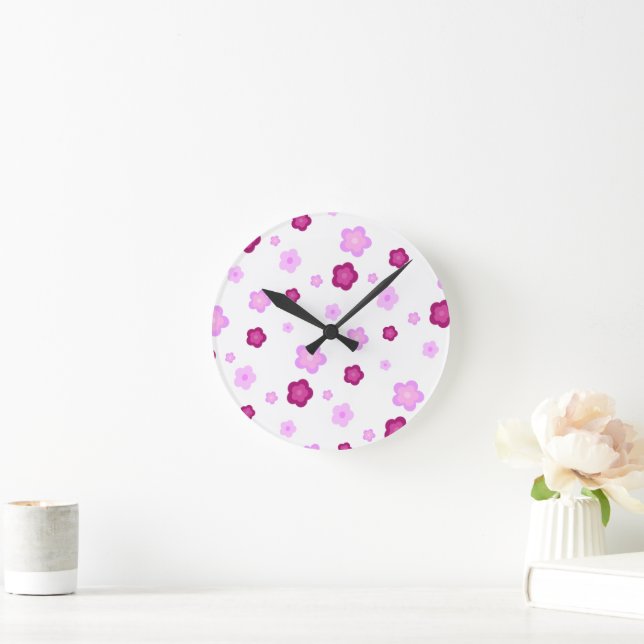 Cute pink flower floral gradient Pattern  Round Clock (Home)
