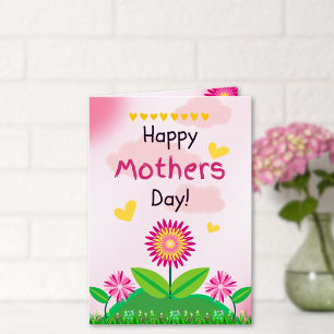 Cute Pink Flower Heart Kid's Mothers Day Custom Card