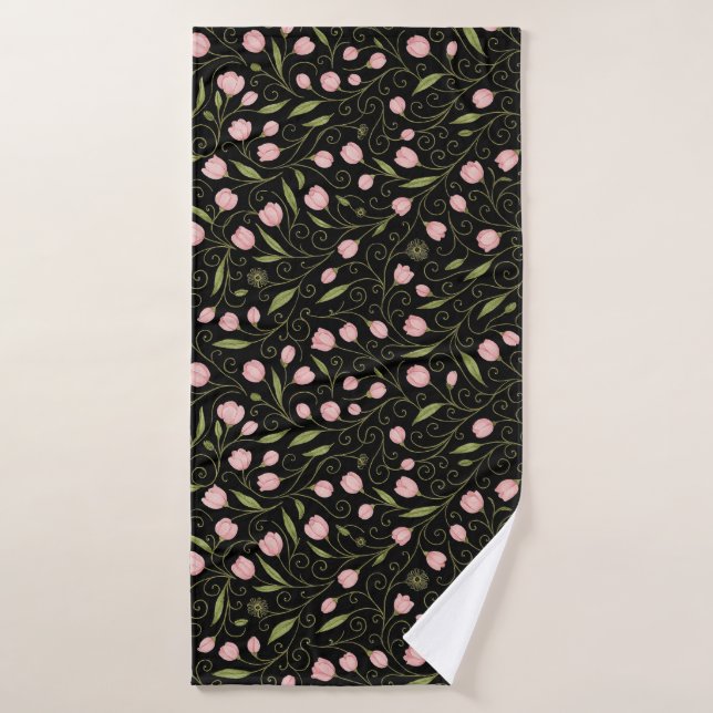 Cute, pink flower on black with repeating pattern  bath towel (Bath Towel)