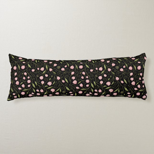 Cute, pink flower on black with repeating pattern  body cushion (Front)