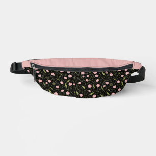 Cute, pink flower on black with repeating pattern bum bags
