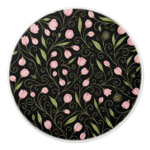 Cute, pink flower on black with repeating pattern ceramic knob