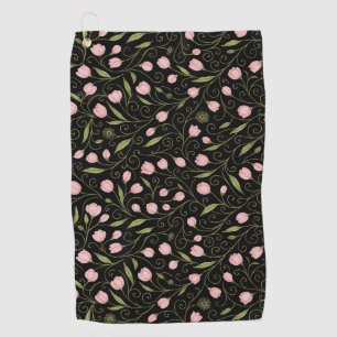 Cute, pink flower on black with repeating pattern golf towel