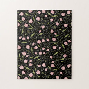 Cute, pink flower on black with repeating pattern jigsaw puzzle