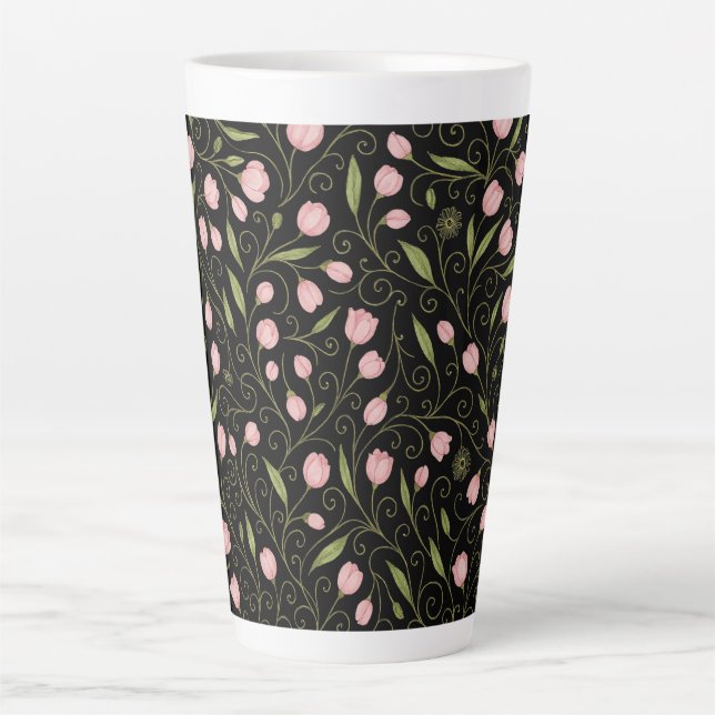 Cute, pink flower on black with repeating pattern  latte mug (Front)