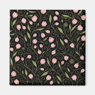 Cute, pink flower on black with repeating pattern  magnet
