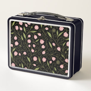 Cute, pink flower on black with repeating pattern metal lunch box