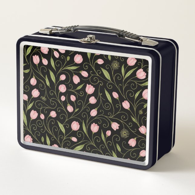 Cute, pink flower on black with repeating pattern  metal lunch box (Front)