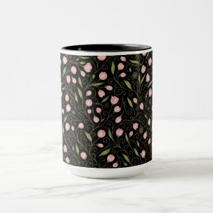 Cute, pink flower on black with repeating pattern mug