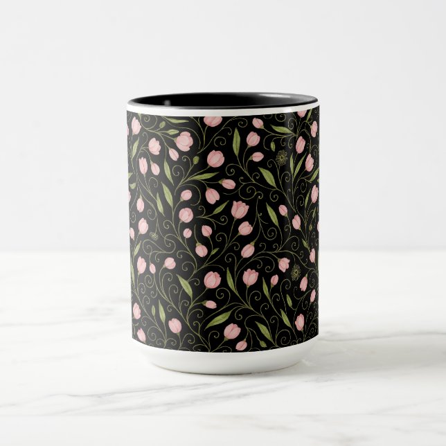 Cute, pink flower on black with repeating pattern  mug (Center)