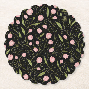 Cute, pink flower on black with repeating pattern paper coaster