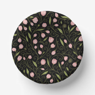 Cute, pink flower on black with repeating pattern  paper plate