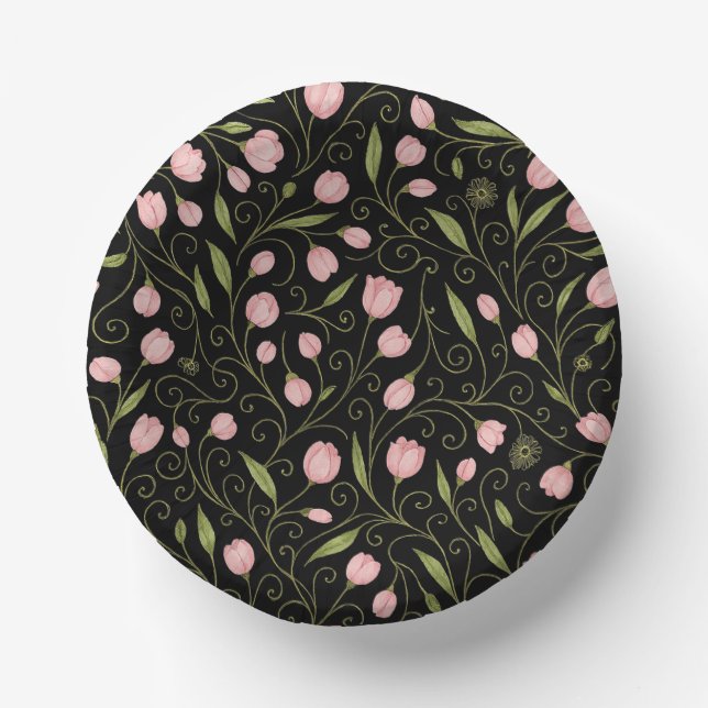 Cute, pink flower on black with repeating pattern  paper plate (Front)