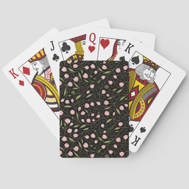 Cute, pink flower on black with repeating pattern  playing cards (Back)