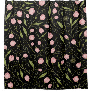 Cute, pink flower on black with repeating pattern shower curtain