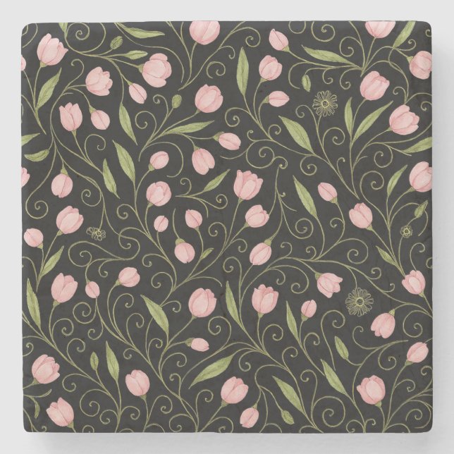 Cute, pink flower on black with repeating pattern  stone coaster (Front)