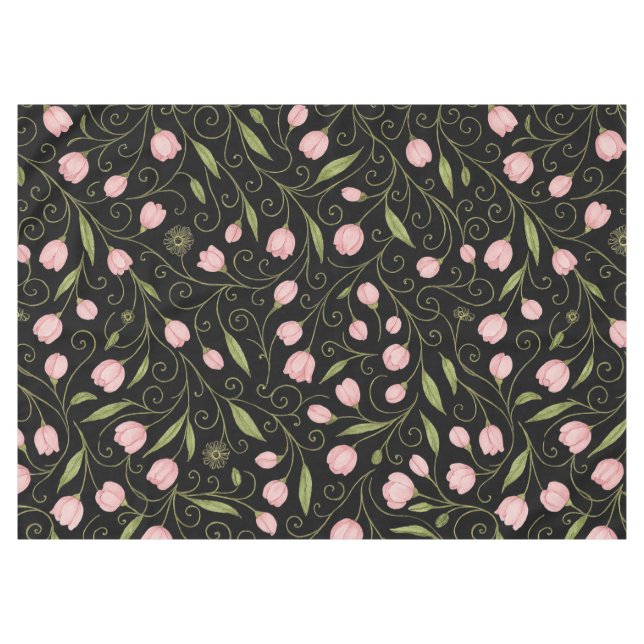 Cute, pink flower on black with repeating pattern  tablecloth (Front (Horizontal))