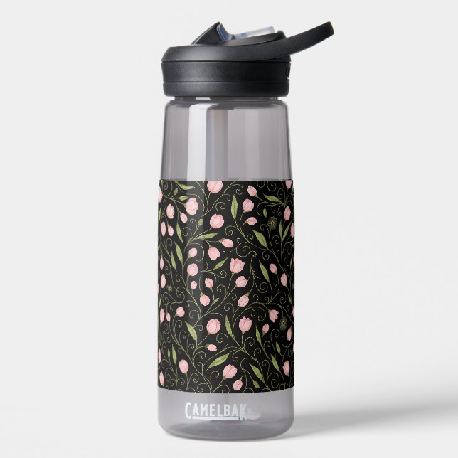 Cute, pink flower on black with repeating pattern  water bottle (Left)