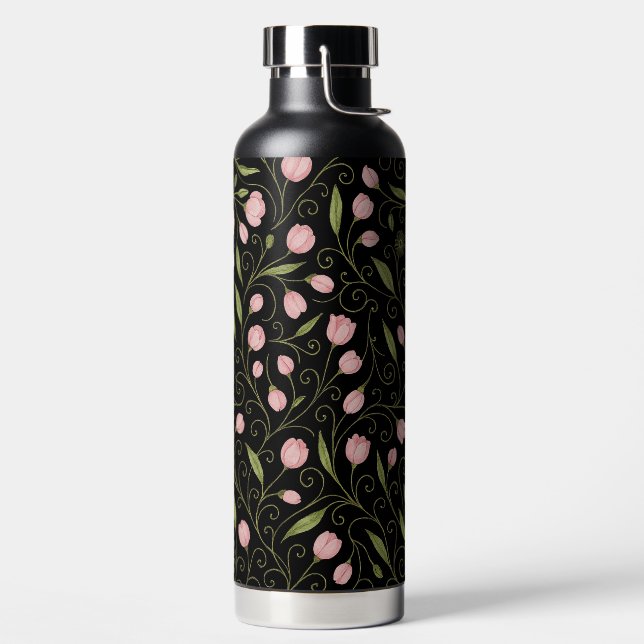 Cute, pink flower on black with repeating pattern  water bottle (Left)