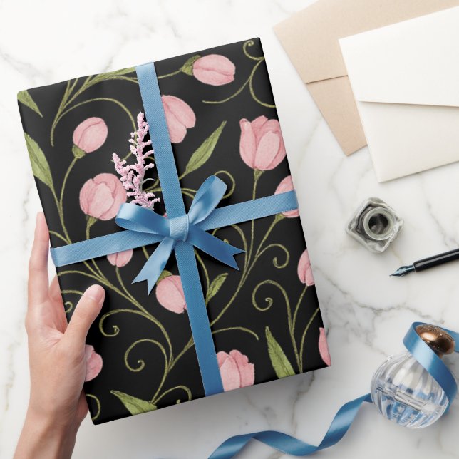 Cute, pink flower on black with repeating pattern  wrapping paper (Gifting)