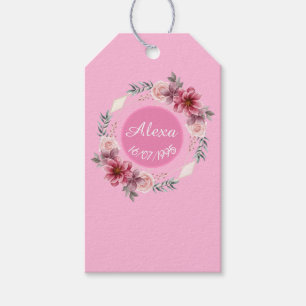 Cute Pink Flower Wreath Birthday Gift Tag