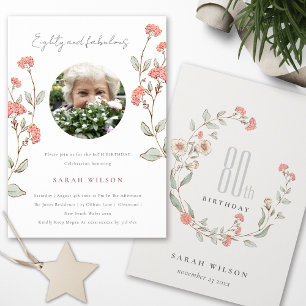 Cute Pink Flower Wreath Photo 80th Birthday Invite