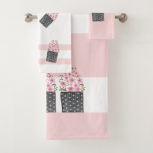 Cute Pink Flowerpot Floral Watercolor Bath Towel Set