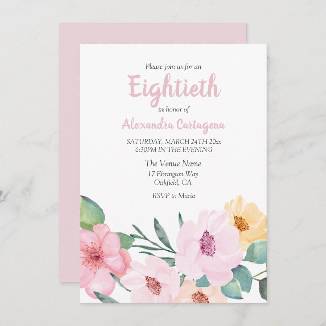 Cute Pink Flowers 80th Birthday Invite (Front/Back)