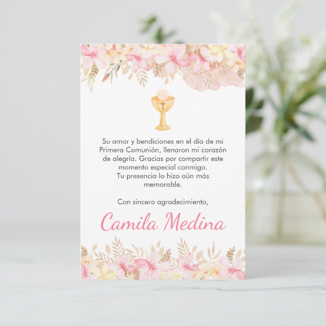 Cute Pink flowers and chalice First Communion  Thank You Card (Standing Front)