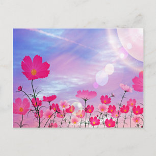 Cute Pink Flowers Blue Sunny Sky Bright Floral Postcard