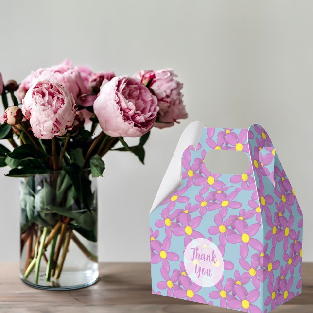 Cute Pink Flowers Floral Custom Thank You Blue Favour Box (A pretty pink floral favor box with space for a thank you)
