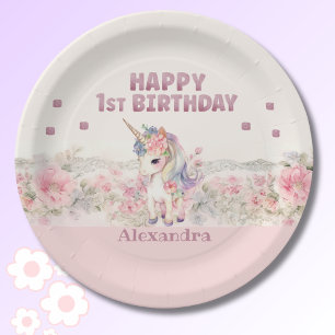 Cute Pink Flowers Girl Unicorn 1st Birthday Paper Plate