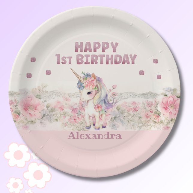 Cute Pink Flowers Girl Unicorn 1st Birthday Paper Plate (Creator Uploaded)